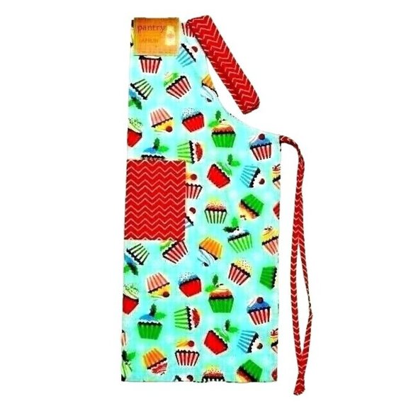Pantry Apron Cupcakes on Blue Snowflakes Red Chevron Pocket Straps Cotton Gift - Picture 1 of 3